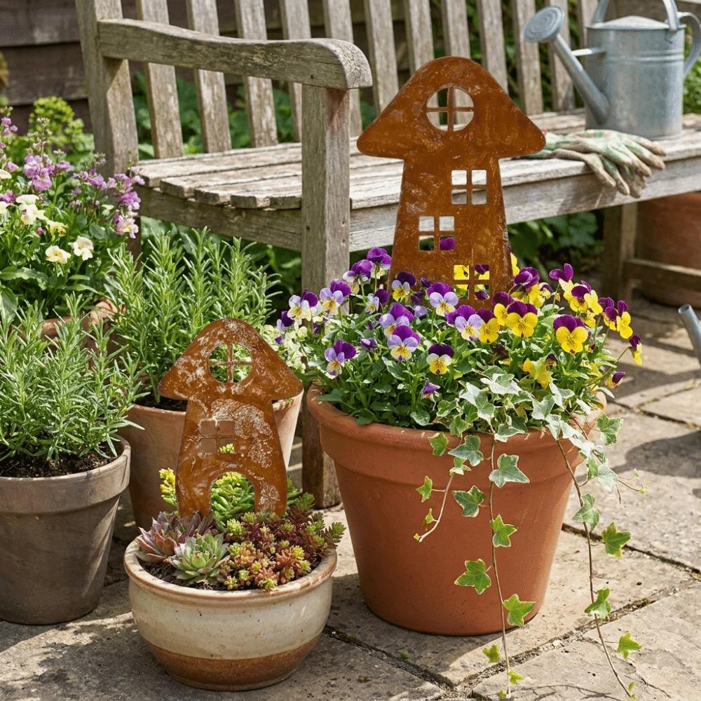 Mushroom House-Shaped Mushroom Garden Inserts Metal Rusty Mushroom Plaque  Courtyard Balcony