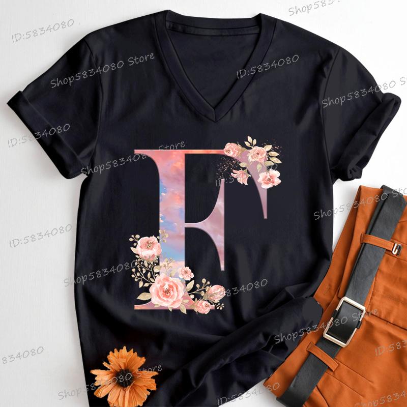 Womens Clothing Pink Flower Alphabet Classic Top Sky Alphabet Cartoon Tshirt FeUnisex Floral Letters A B C D Birthday Gift Shirt