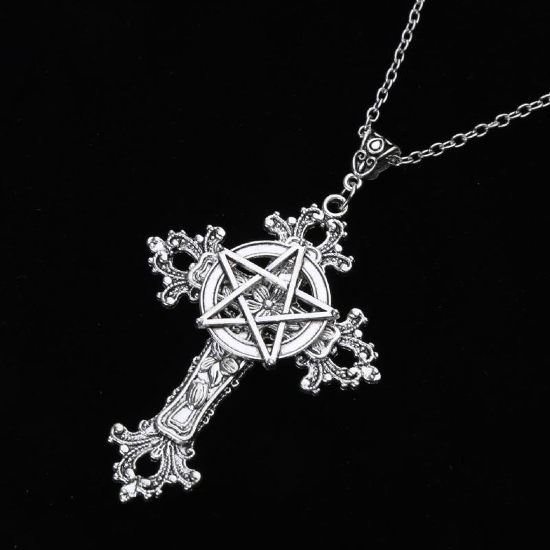 Retro Five-Pointed Star Crucifix Pendant Necklaces Alloy Texture Woman Pentacle Jewelry Pendant Necklaces for Daily
