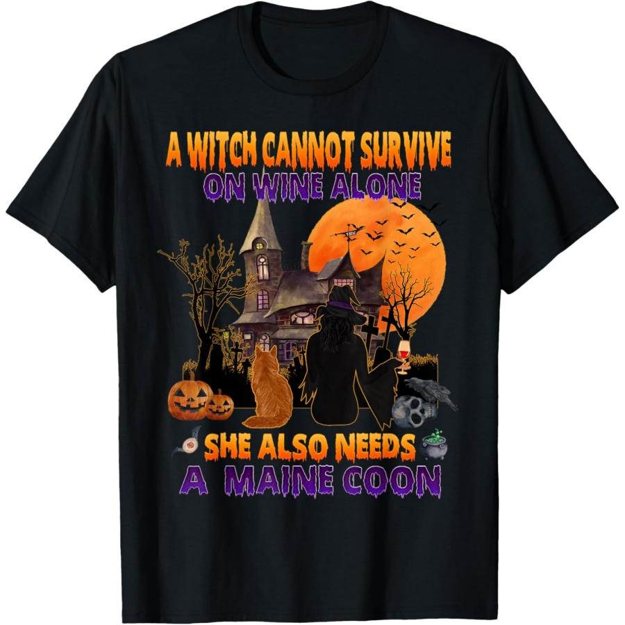 

Halloween Witch On Wine And Funny Maine Coon Cat Costume T-Shirt XXXXXL чёрный