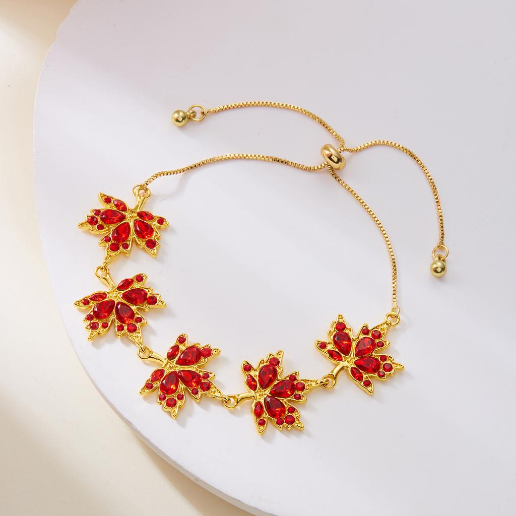 Luxury Red Zircon Maple Leaf Bracelet Necklace Set For Women Korean Earrings Stud Clavicle Chain Necklace Party Jewelry Set