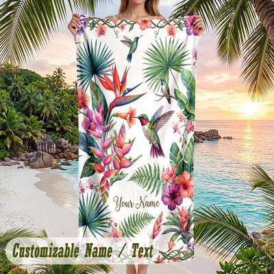 Hummingbirds Tropical Flowers Theme Quick Dry Beach Towel Custom Name Text Print Large Sand Resistant Towel Beach Vacation