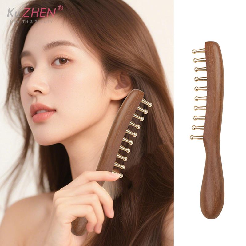 1PC Copper & Wood 10-Teeth  Massager Comb For Head Meridian Therapy And Relaxation Golden Sandalwood Scraping Guasha Long Handle