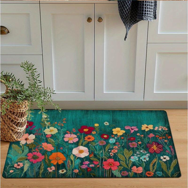 

Colorful Wildflower Bouquet on Teal Background Door Mat Non Slip Washable Indoor Rug for Farmhouse Bathroom Kitchen Decor 40x60cm