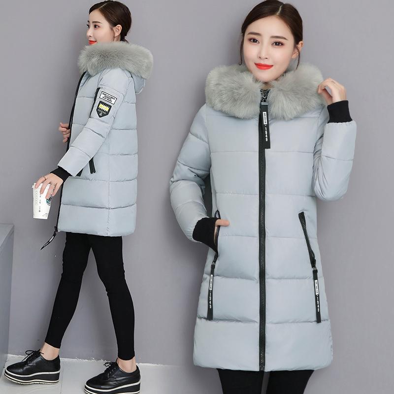 Women's Medium to Long Slim Fit Cotton Coat with Large Fur Collar
