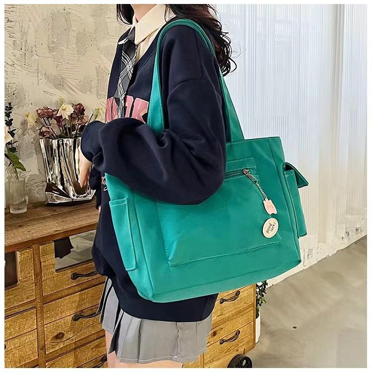 Lazy wind solid color canvas bag small fresh student bag commuter large capacity portable shoulder tote bag women