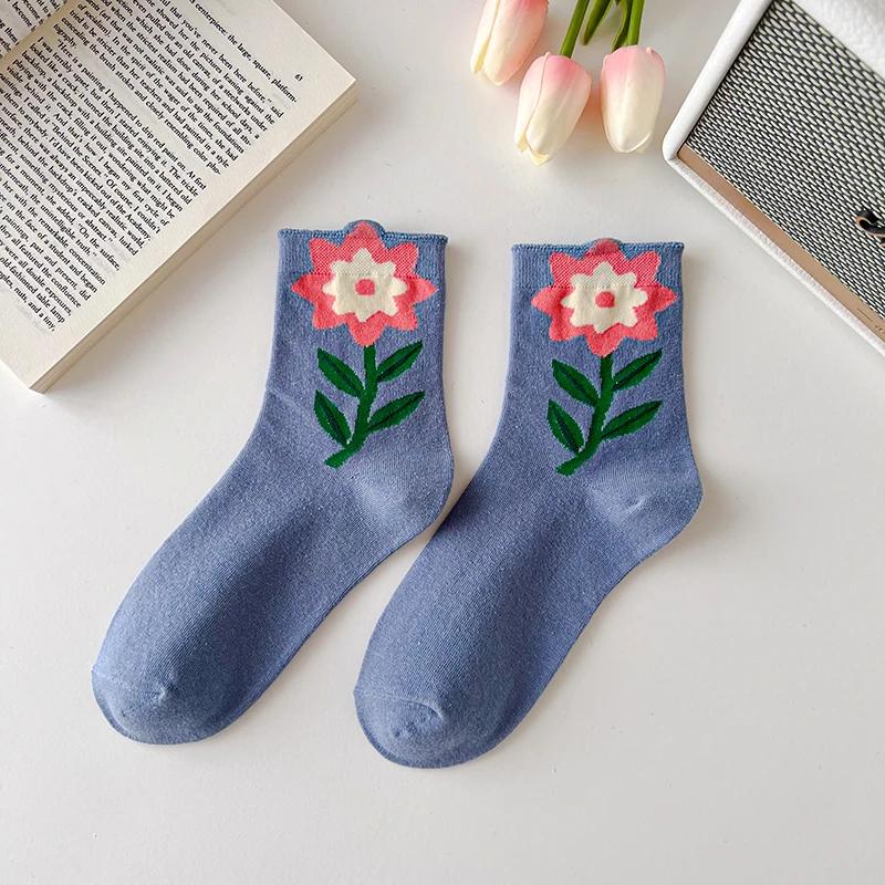 Women Socks Japanese Korean Style Cartoon Flower Rabbit Harajuku Cute Kawaii Mid Tube Breathable Casual Short Cotton Socks