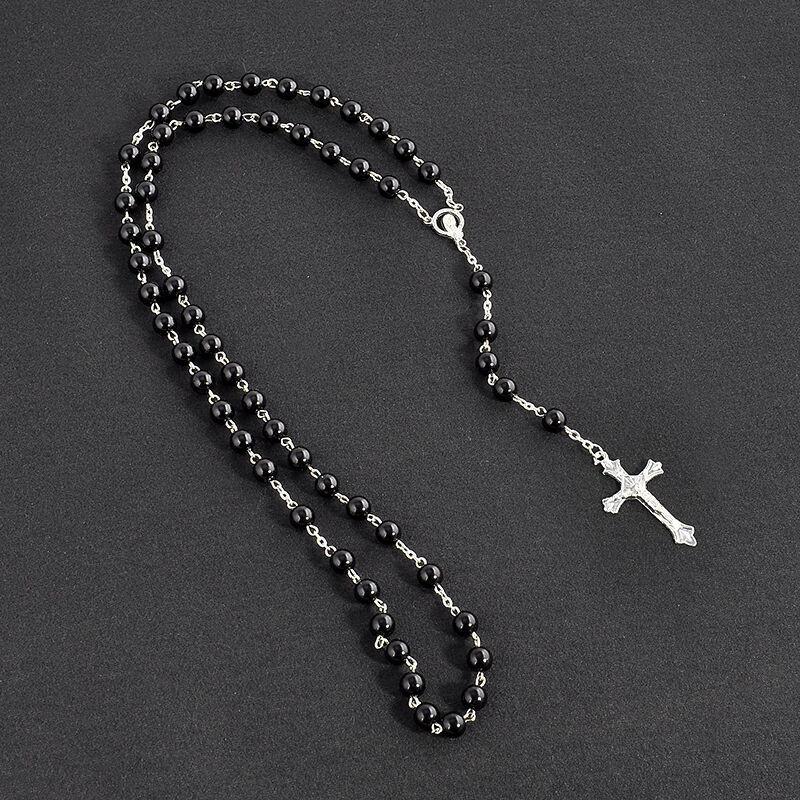 Women's Christian Fashion Faux Pearl Rosary Necklace with Virgin Mary & Jesus Cross Pendant Long Beads Chain Jewelry