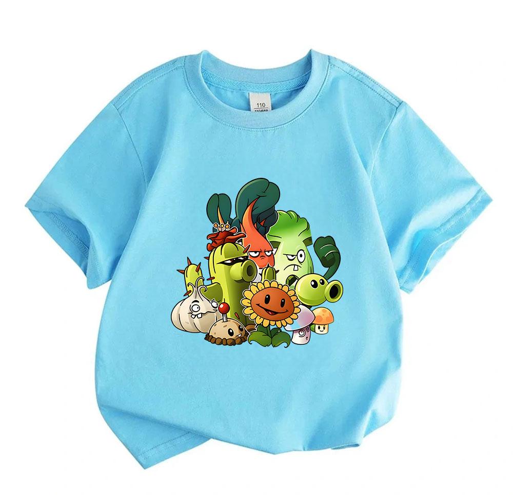 Kids Boys Girls 100% Cotton Crew Neck Short Sleeve T-Shirt Cute Game Plant Character Printed Casual Soft Breathable Tee for Children Daily Wear