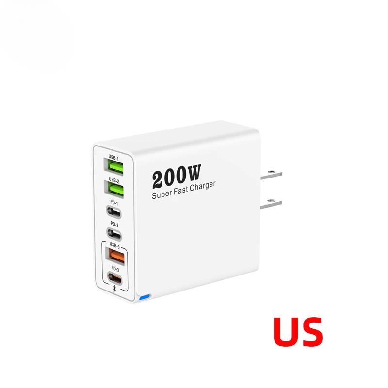 200W Super Fast Charging 6 Port USB C Charger PD3.0 USB C Type C Mobile Phone Charger For iPhone 16 Samsung Xiaomi Ipad Phone