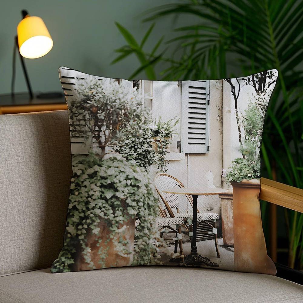 Spanish Beach Island Architecture Art Pillow Case Anti-dustmite Pillowcase Invisible zipper silky short plush Sofa cushion cover