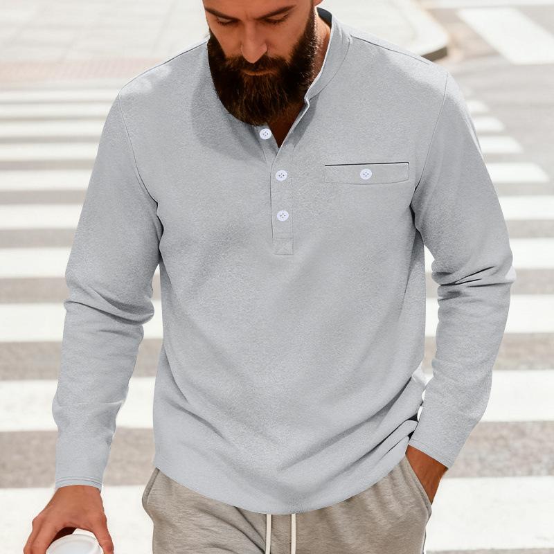 Men Solid Color Long Sleeve Round Neck Button Decor Casual Loose Polo Shirt
