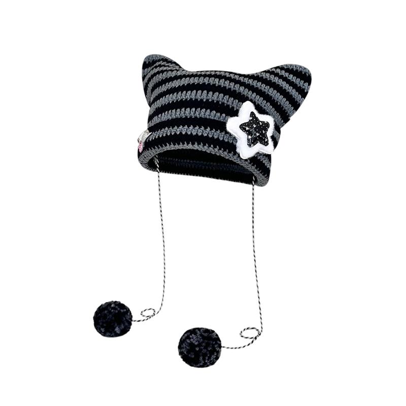 

Милые осенне-зимние шапки с кошачьими ушками для женщин и девочек в стиле панк, утолщенная теплая шапка с подвеской в виде комка шерсти, защищающая от холода, подарки as the picture