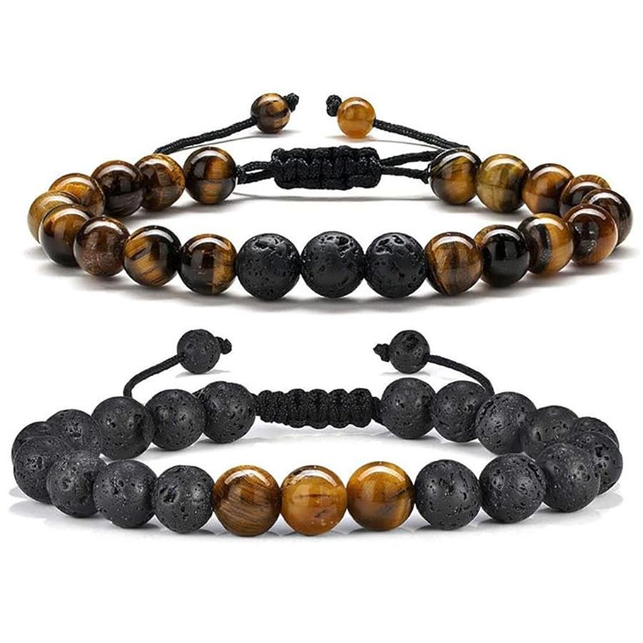 Festive Gifts Lava Rock Tiger Eye And Howlite Beaded Bracelet Set Natural Stone Fashion Jewelry For Men Women Daily Wear Simple Versatile Accessory