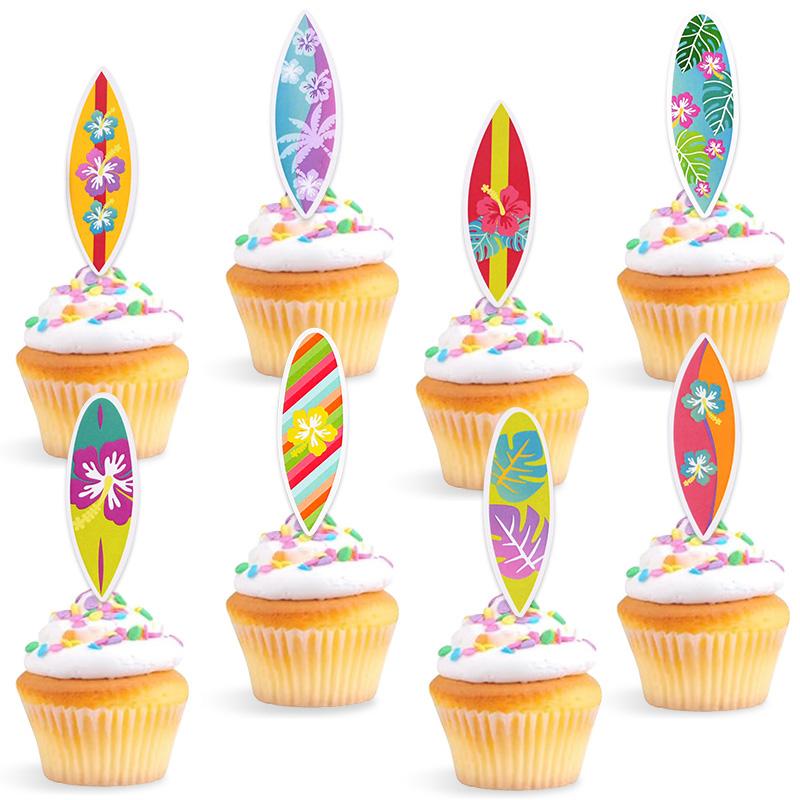 8/16Pcs Hawaiian Surfboard Cupcake Topper for Tropical Summer Luau Birthday Party Cake Decoration Beach Pool Wedding Supplies