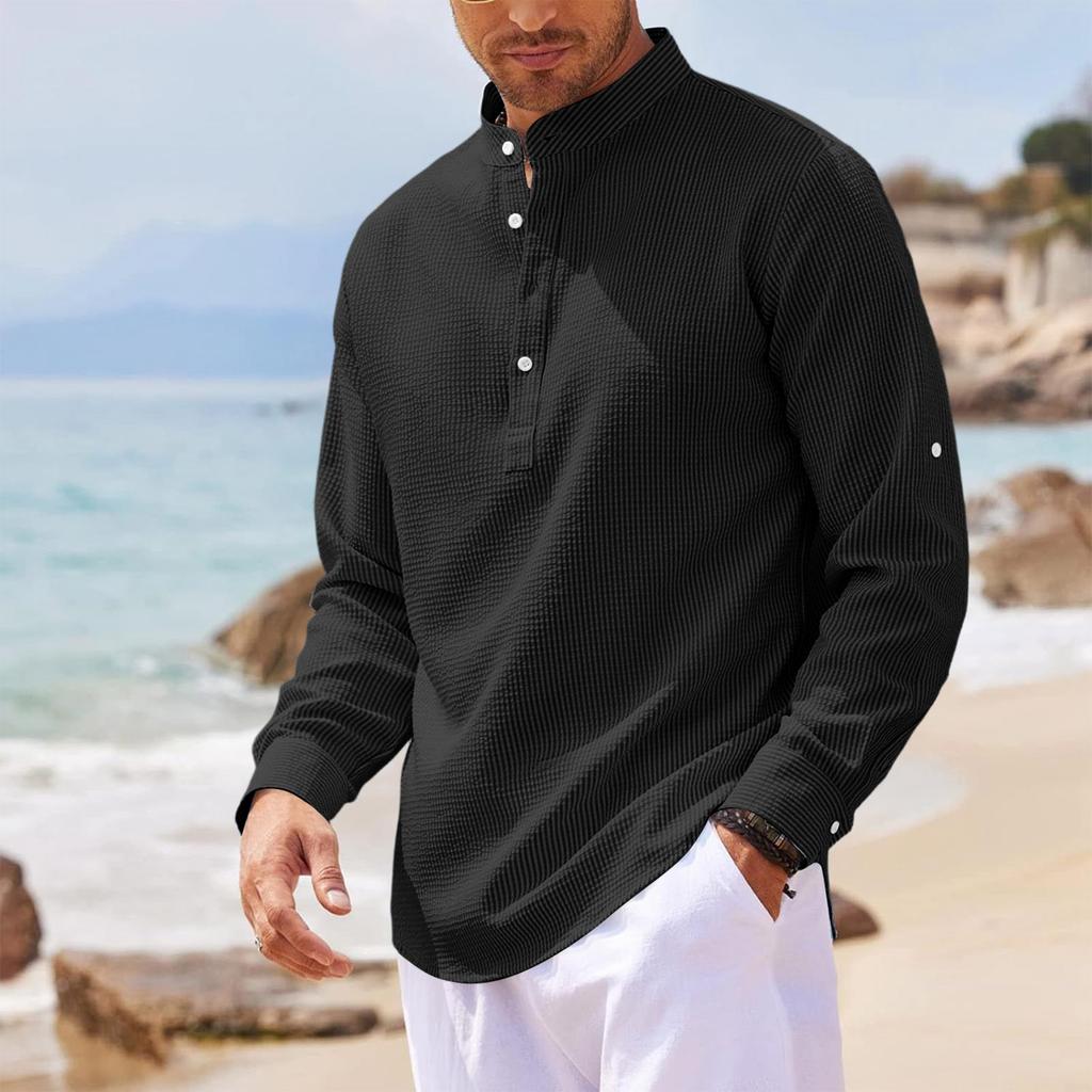 Men's Casual Long Sleeve Shirt Pullover Stand Collar Buttoned Henley Shirt Lightweight Relaxed Fit Top for Daily Wear