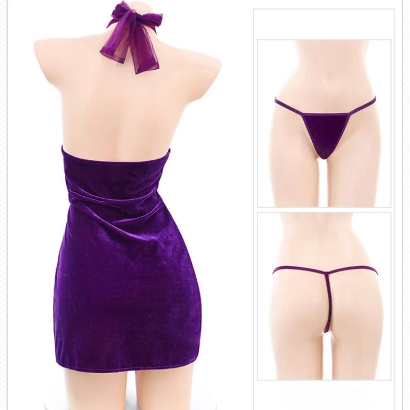 Women See-Through Cheongsam Dress Sexy V Neck Halter Lingerie Dress Lace High Split Perspective Nightgown Uniform Bar Temptation