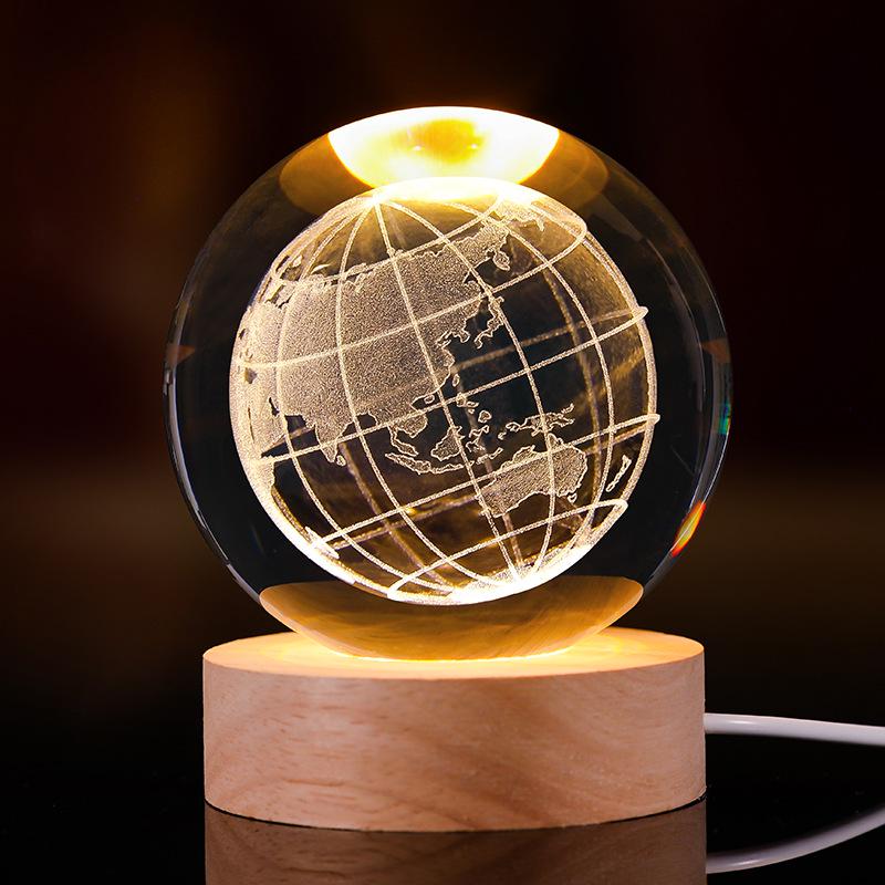 3D Starry Sky Crystal Ball Night Light with Solid Wood Base - Luminous Desktop Ornament & Birthday Gift