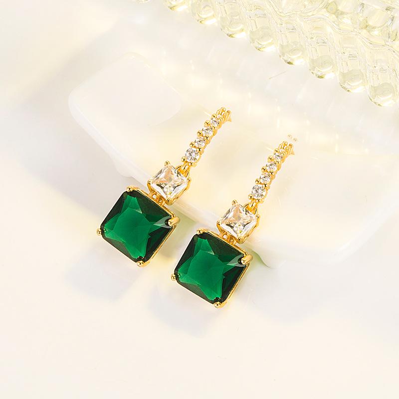 18K Gold Korean Style Square Emerald Zircon Earrings for Women