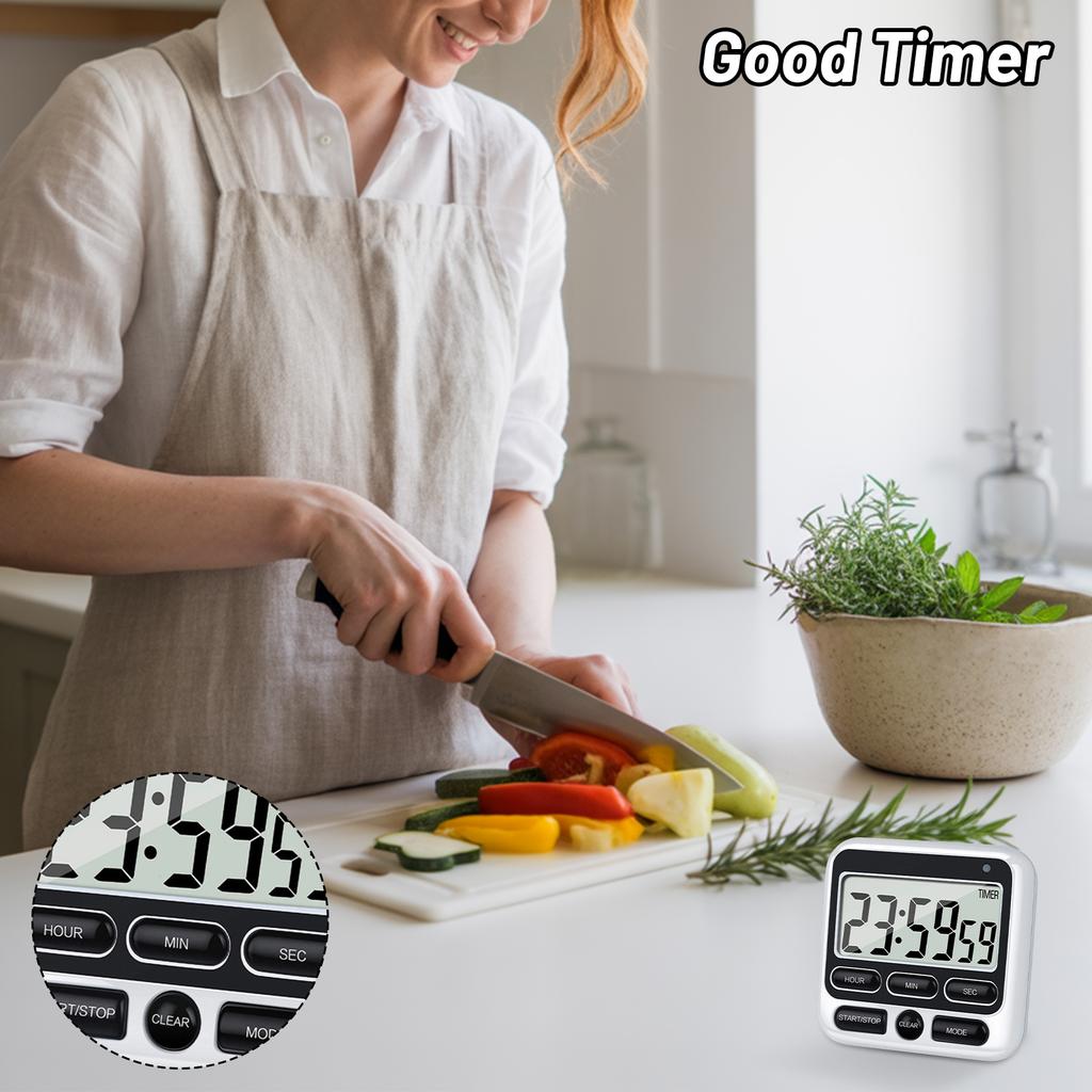 Küchentimer mit Wecker, großer Bildschirm, einstellbarer Alarm und Leistung(Batterien erforderlich)