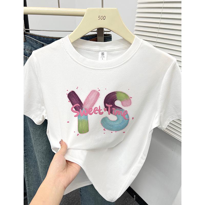 

Женская футболка с коротким рукавом и принтом букв - Летний тренд, Универсальная, Классический круглый вырез, Приталенный силуэт Large