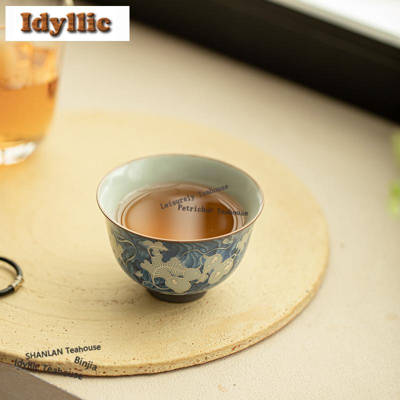 120ml Blue And White Ru Kiln Gourd Teacup Handmade Tea Bowl Set Of Cups Tea-tasting Meditation Cup Chazhan Master Cups For Tea