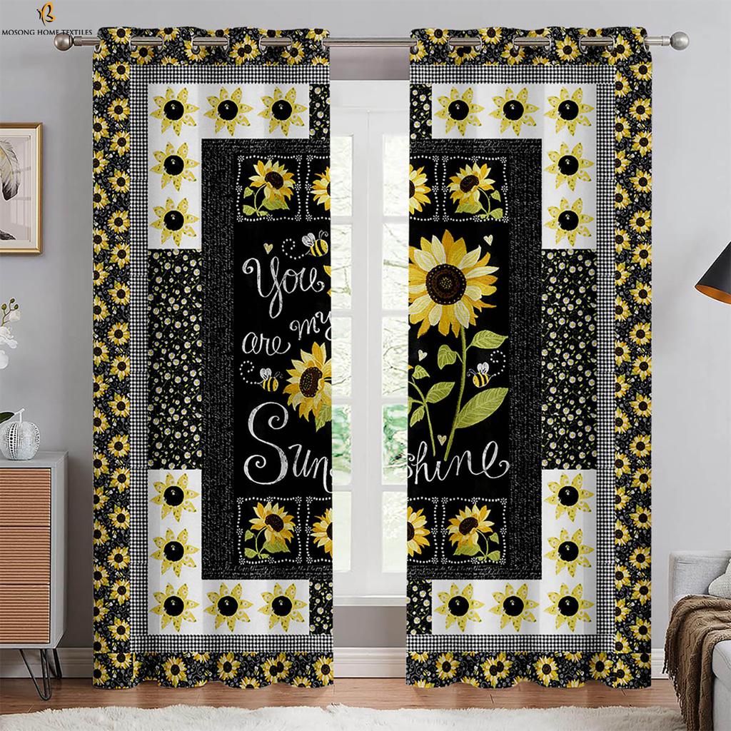 Floral Sunflower Print Curtains Yellow Pastoral Style Curtains Study Bedroom Living Room Decorative Curtains Easy To Wash 2PCS