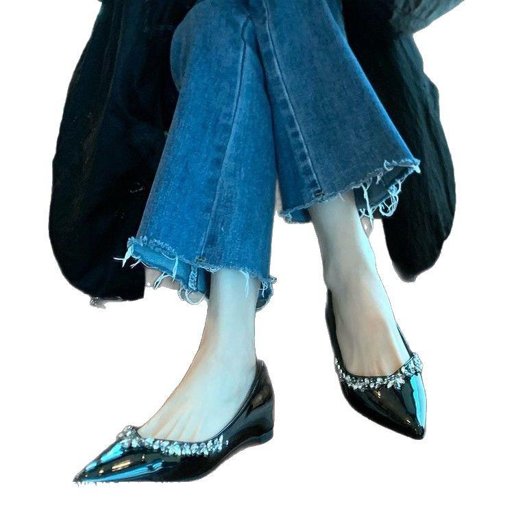 Sheepskin new French evening wind rhinestone pointed flat shoes women's shallow mouth inner height increase single shoes commuter soft sole women