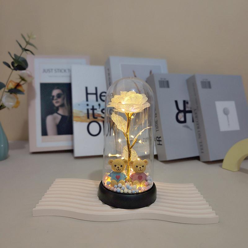 Eternal Flower Glass Lamp Plastic Cover Night Light Rose Simulation Flower With Bear Valentine Day Gift For Girlfriend