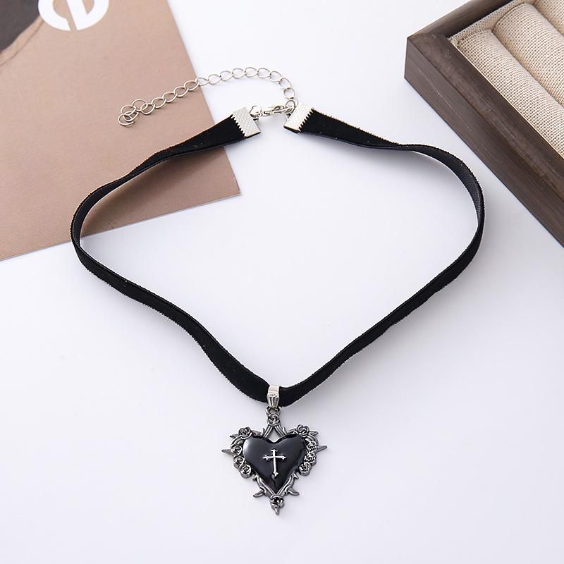 Gothic Halloween Heart Choker with Thorns, Velvet Rose, & Cross Pendant