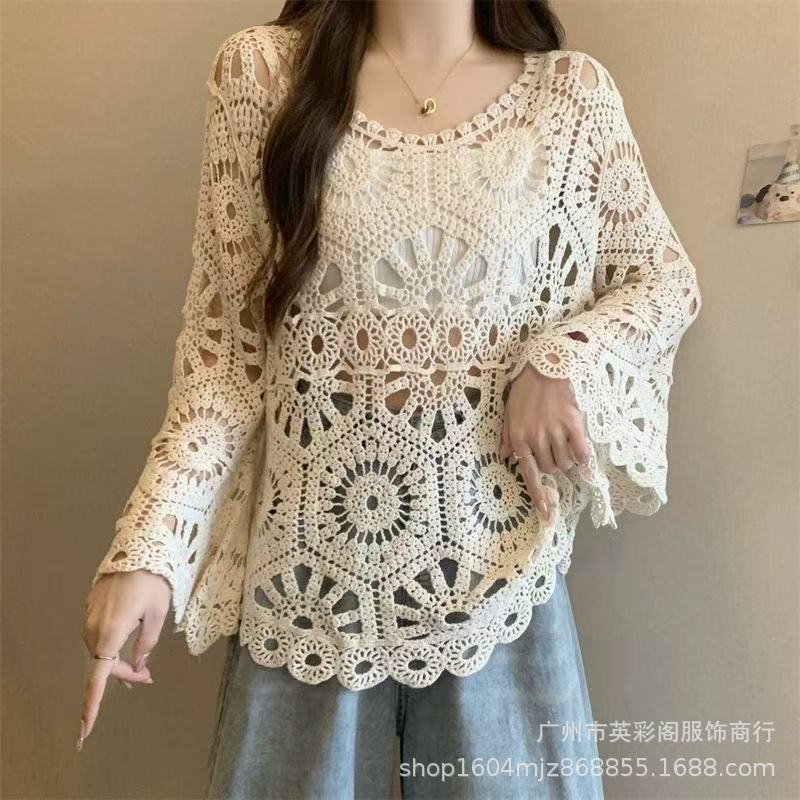 Women's White Crochet Lace Top Long Bell Sleeve Hollow Out Knit Blouse