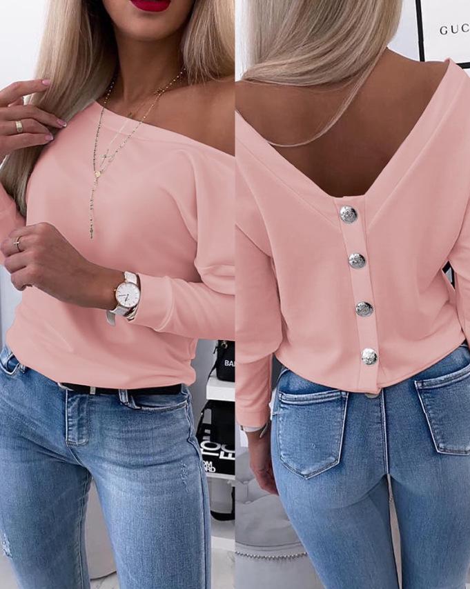 2024 Women's Solid Color One-Shoulder Open Back Long Sleeve Top with Metal Buckle