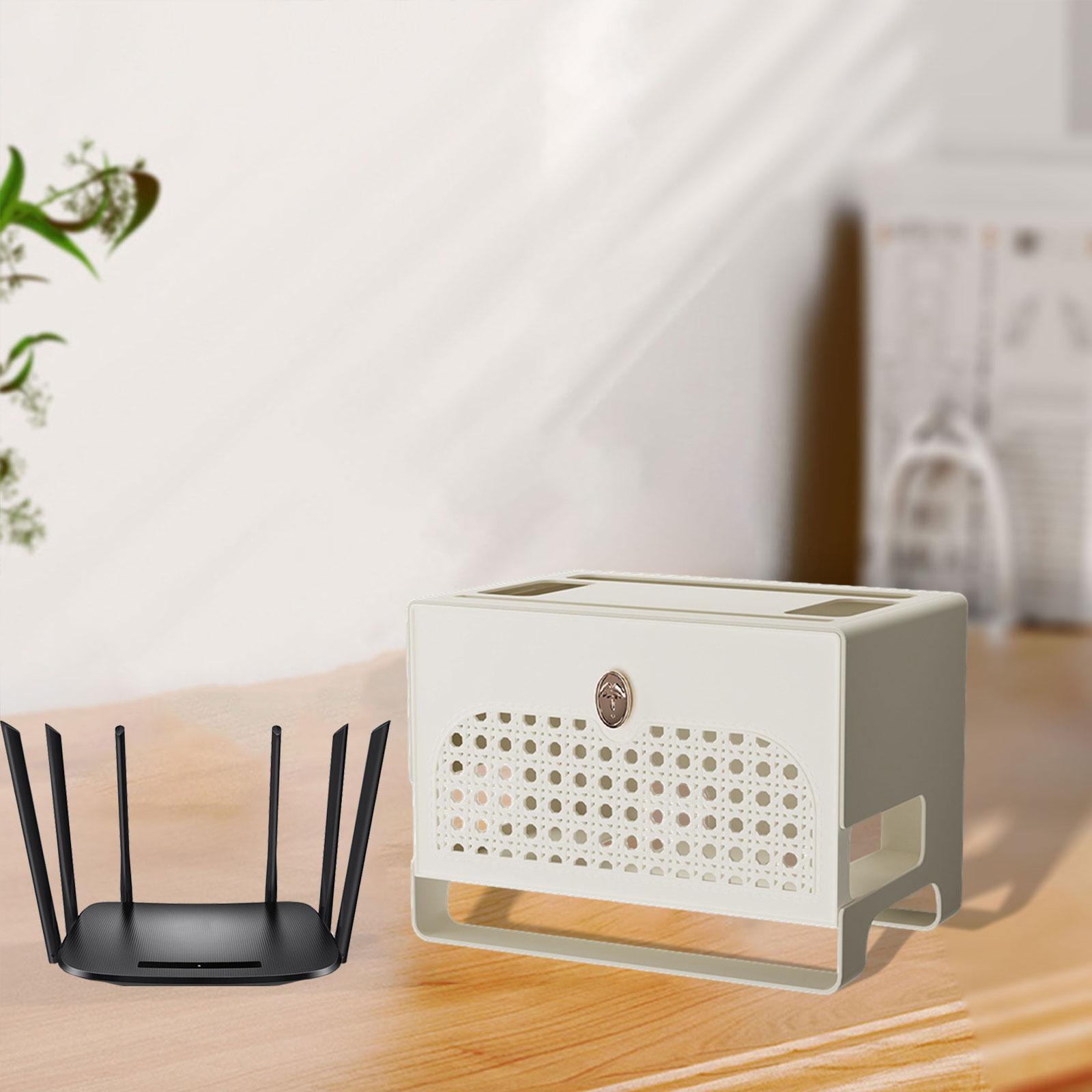 

Коробка для укладки кабелей, конструкция из полых панелей, коробка для удлинителя, полка для хранения маршрутизатора, домашний маршрутизатор, розетки, офисный телефон белый