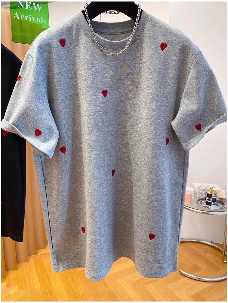 Heart Embroidery Women's European Style T-shirt - Short Sleeve, Loose Fit, Pure Cotton, 2025 Spring Collection
