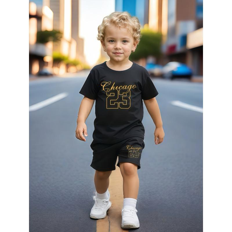 

Летний облегающий комплект одежды для мальчиков - футболка и шорты с принтом «Chicago 23 Letter», черные с золотистыми акцентами, повседневная одежда для отпуска и вечеринок 160CM
