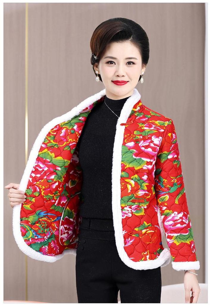 Retro Floral Chinese Style Cotton Padded Jacket for Middle-Aged Women