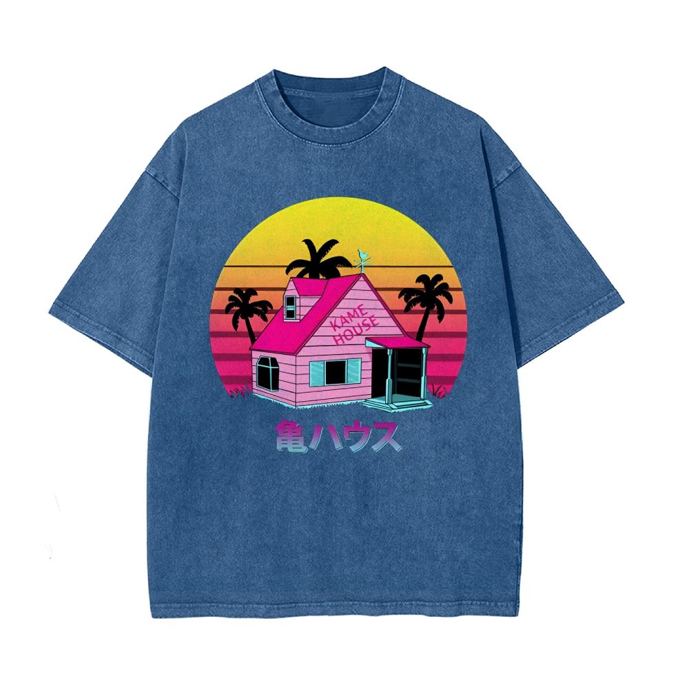 Cartoon Anime Style Sunset Print Women's T-Shirt Loose Wash Oversized Fashion Short Sleeve Cotton American Retro Street Tee