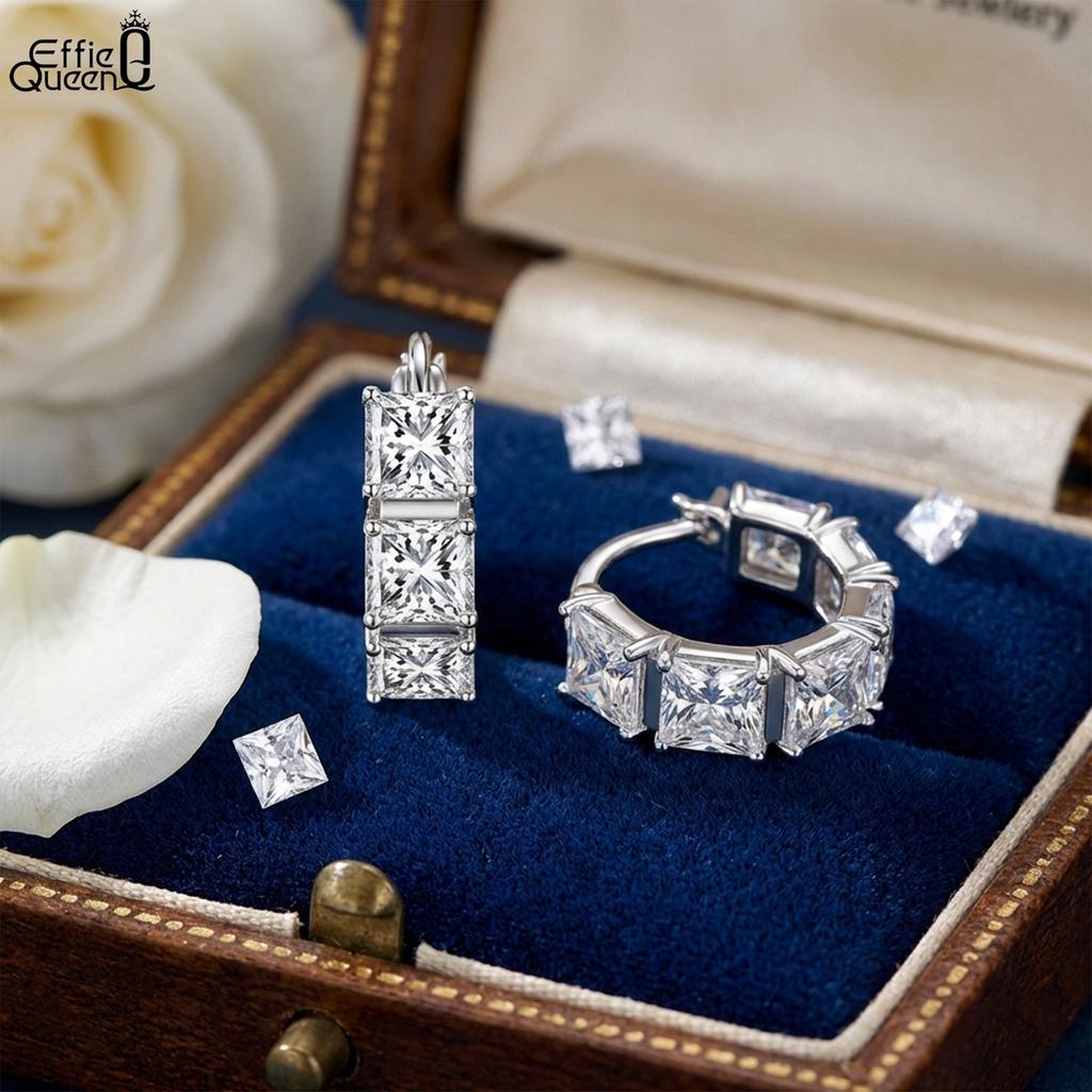Effie Queen Echte 925 Silber 8A Eckiger Zirkonia Creolen Luxus Schmuck für Damen Hochzeitsfeier Ohr Accessoire Geschenk LZE15