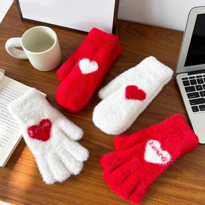 1 Paire Gants Femme Sans Doigts Design Coeur Rouge Doublure Polaire Douce Tactile Mitaines Chaudes Saint-Valentin Nouvel An Accessoires