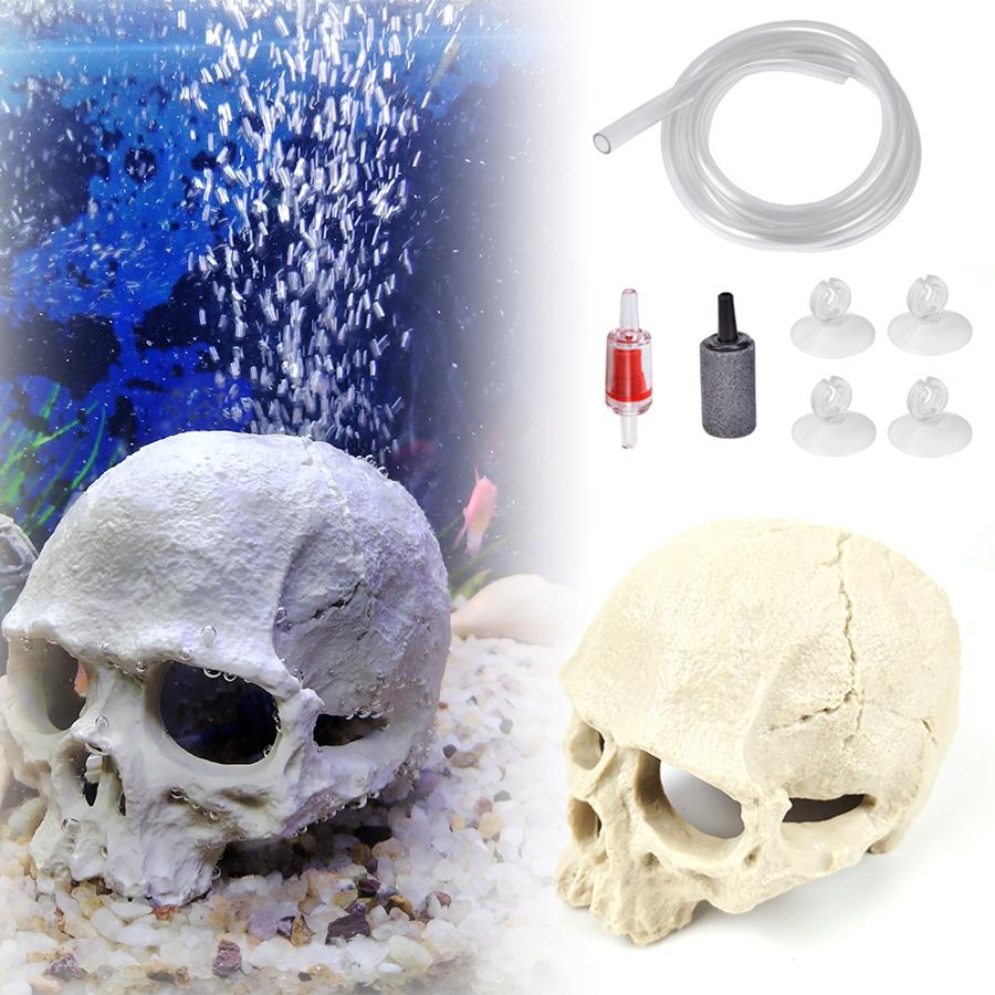 1 Sett Resin Skalle Akvariedekor – Fiske-, Reke- og Reptilavlsgrotte med Innebygd Boblestein for Oksygenering | Halloween Akvariepynt