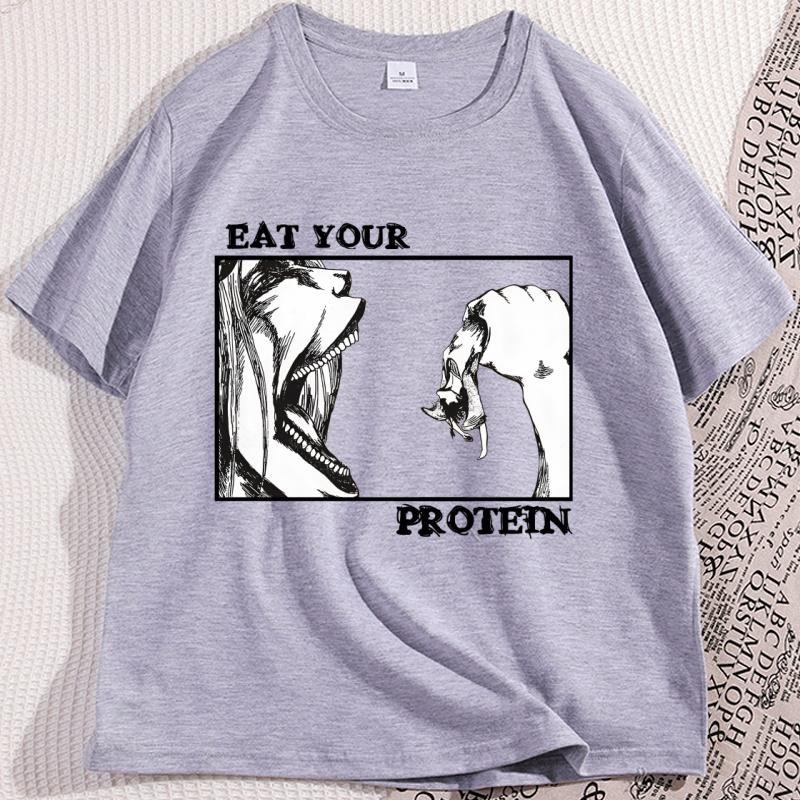 Eat Your Protein Anime TShirt for Men Women Casual Soft Oneck Short Sleeve Tshirt Man Clothing Y2k Streetwear Ropa Hombre