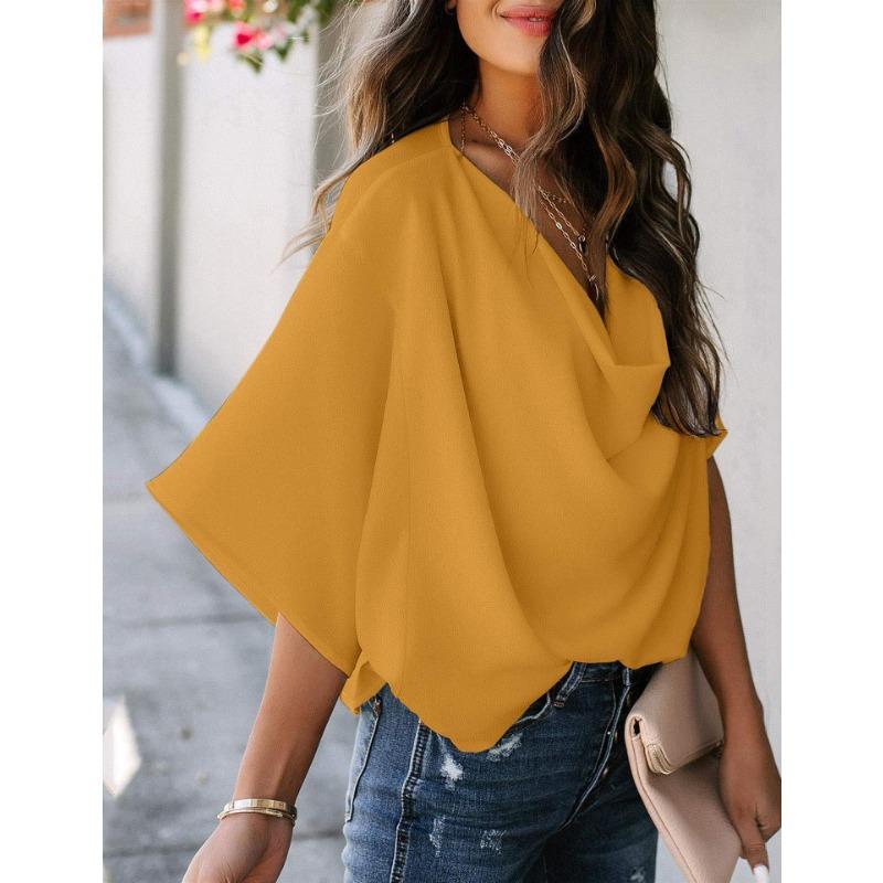 Solid Color Loose V-neck Casual Top Chiffon Women's Blouses & Shirts