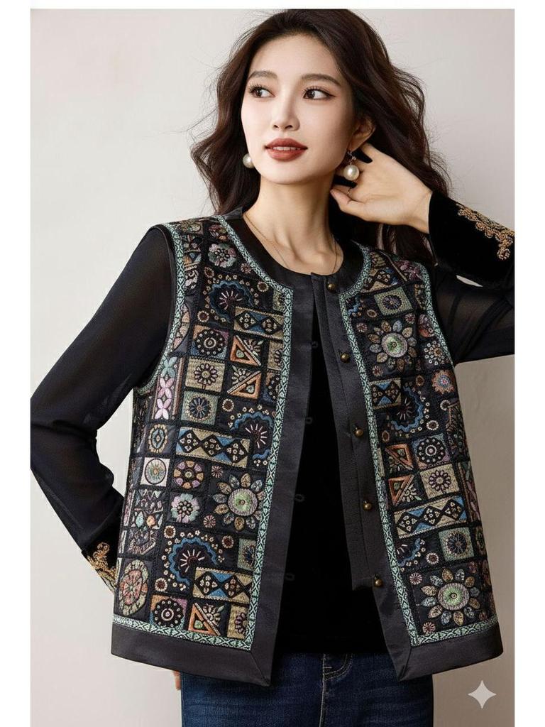 Women's Plus Size Embroidered Black Vest - High-End Autumn 2025 Fashion Top