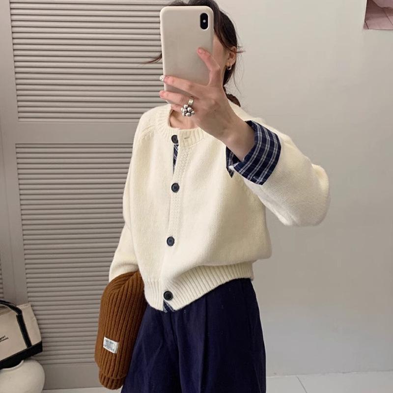 

Crew neck splicing fake two-piece sweater women s autumn and winter new outer wear knitted cardigan outer top one size fits all