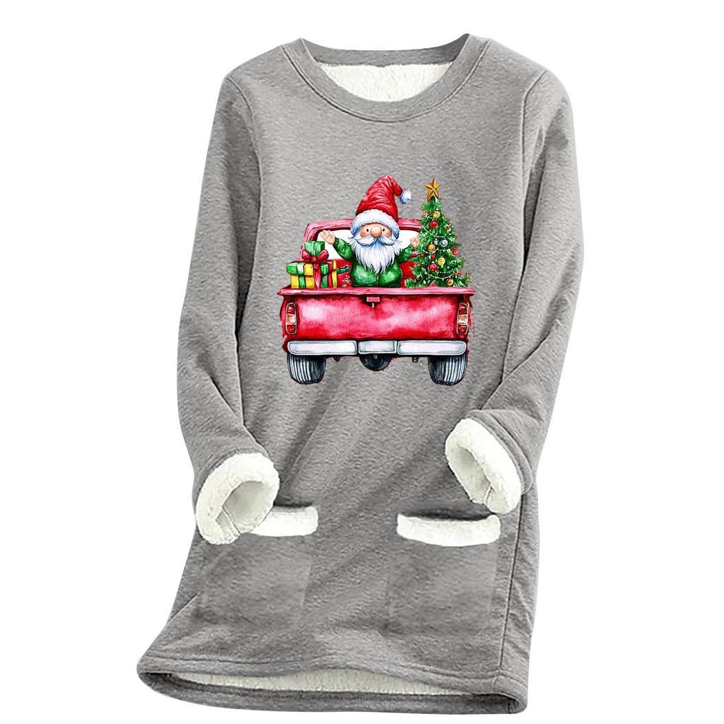 Ladies' Loose And Comfortable Round Neck Christmas Print Thick With Pockets Long Sleeved Top