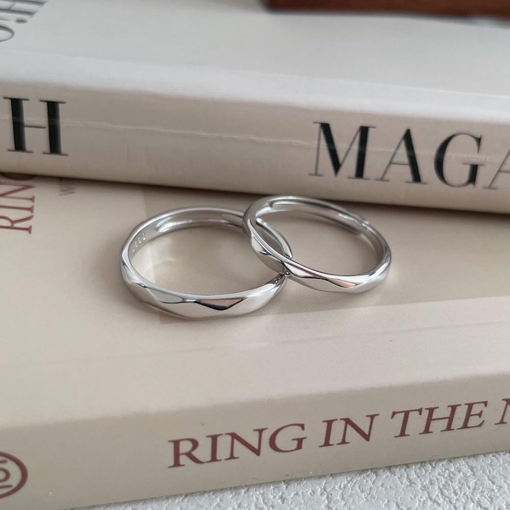 S999 Sterling Silver Minimalist Diamond Shape Adjustable Couple Ring Set - Light Luxury Pure Silver Band