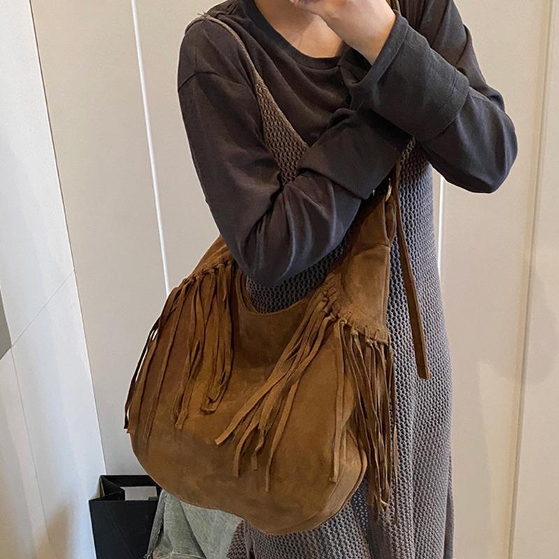 Large Capacity Frosted Tassel Shoulder Bag Faux Suede Fringe Underarm Bag Travel Tote Handbag Female Shopping Bag