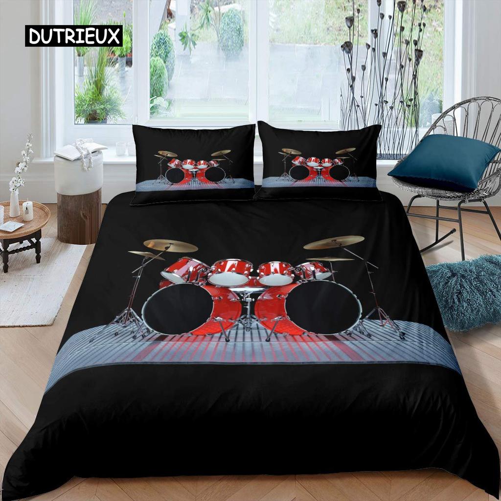 Blue Drum Kit Duvet Cover Set Microfiber Rock Roll Pop Music Twin Bedding Set Musical Instrument Glitter Lines Comforter Cover