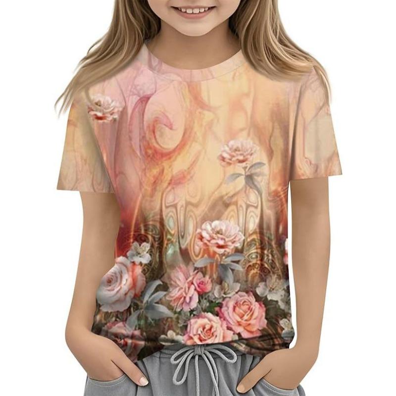 Children's Casual Versatile Pattern Children's Women's Short Sleeved Round Neck T-shirt