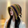 Women Autumn and Winter Nation Fashion Pure Handmade Fringed Dopamine Plush Colorful Ball Thick Hollow Out Ear Protection Knitted Pullover Hat